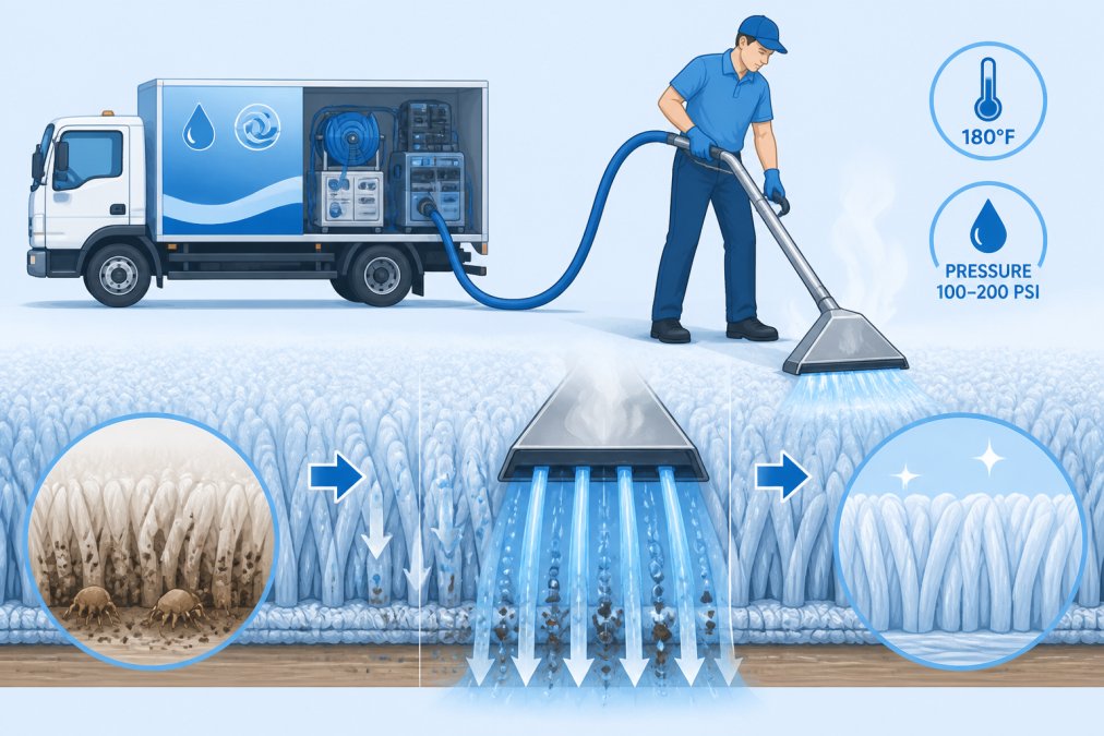 Professional technician operating truck-mounted hot water extraction equipment, spraying heated water into carpet fibers with visible steam rising, showing precise nozzle positioning and water injection into pile