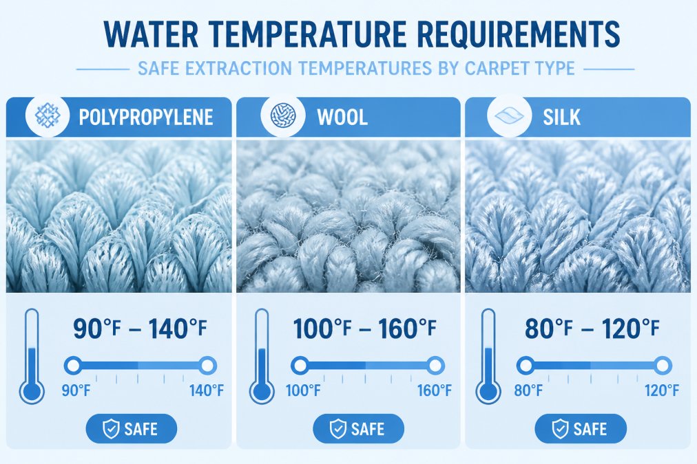 Side-by-side comparison showing carpet fiber samples labeled by type (polypropylene, wool, silk) with temperature tolerance ranges displayed below each, illustrating safe extraction temperatures for different materials