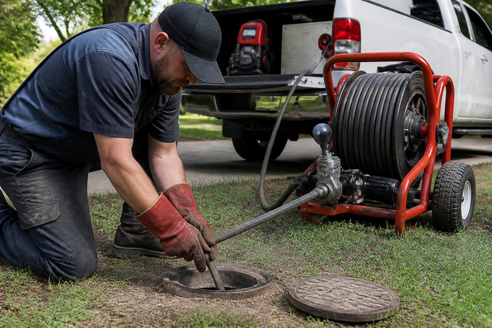 Professional plumber operating hydro jetting equipment with high-pressure hose extending into a sewer cleanout, water spray visible against pipe interior