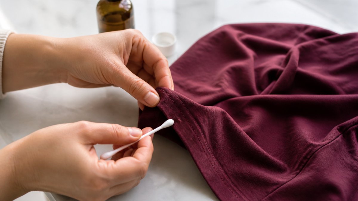 Step-by-step guide on how to spot test fabric to see if hydrogen peroxide ruins colored clothing.