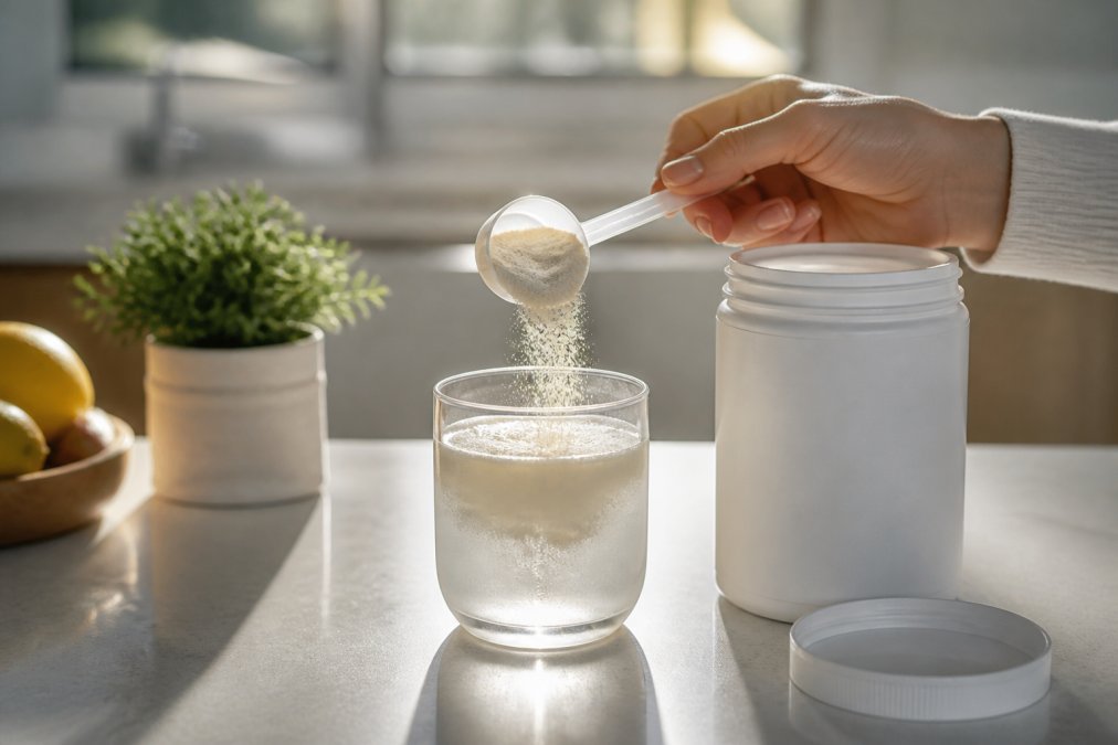 Close-up of a glass of hydrolyzed collagen powder being mixed with water on a clean kitchen counter, with a measuring spoon and supplement container visible in soft morning light