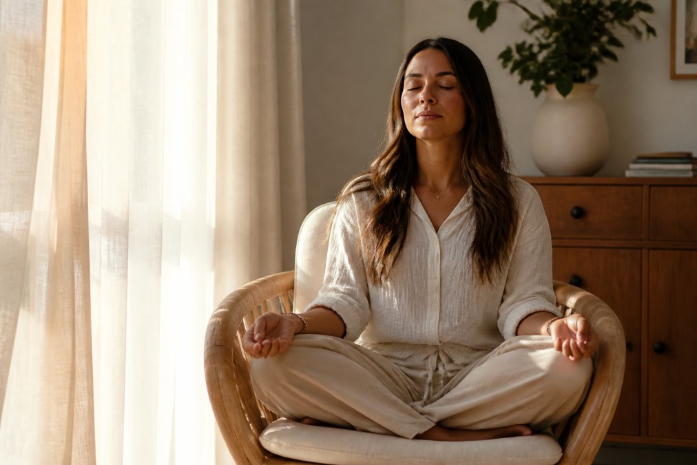 Woman sitting in a sunlit room practicing relaxation to see if hypnotherapy works for chronic stress