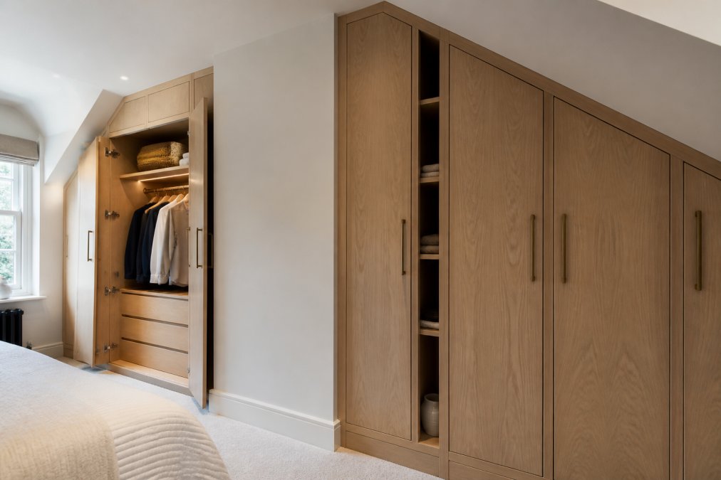 Professional bedroom with floor-to-ceiling bespoke fitted wardrobes seamlessly integrated around a sloping ceiling and chimney breast, showing custom filler panels, natural wood finish, and internal organisation with hanging rails and shelving