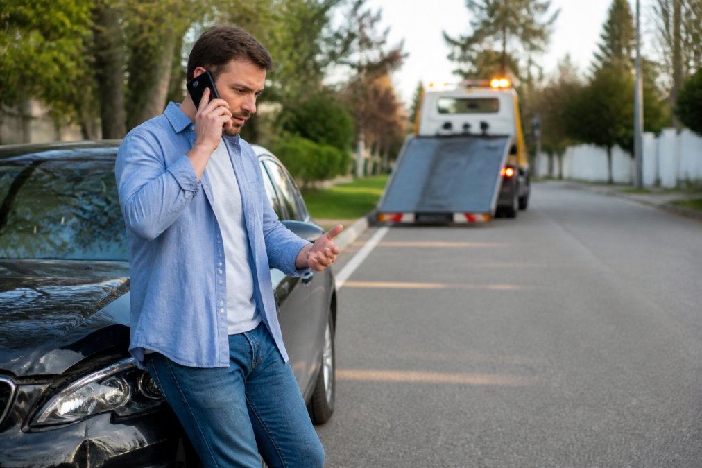 A driver standing beside a damaged car on the roadside, calmly speaking on a mobile phone, with a tow truck approaching in the background on a suburban street in soft afternoon light
