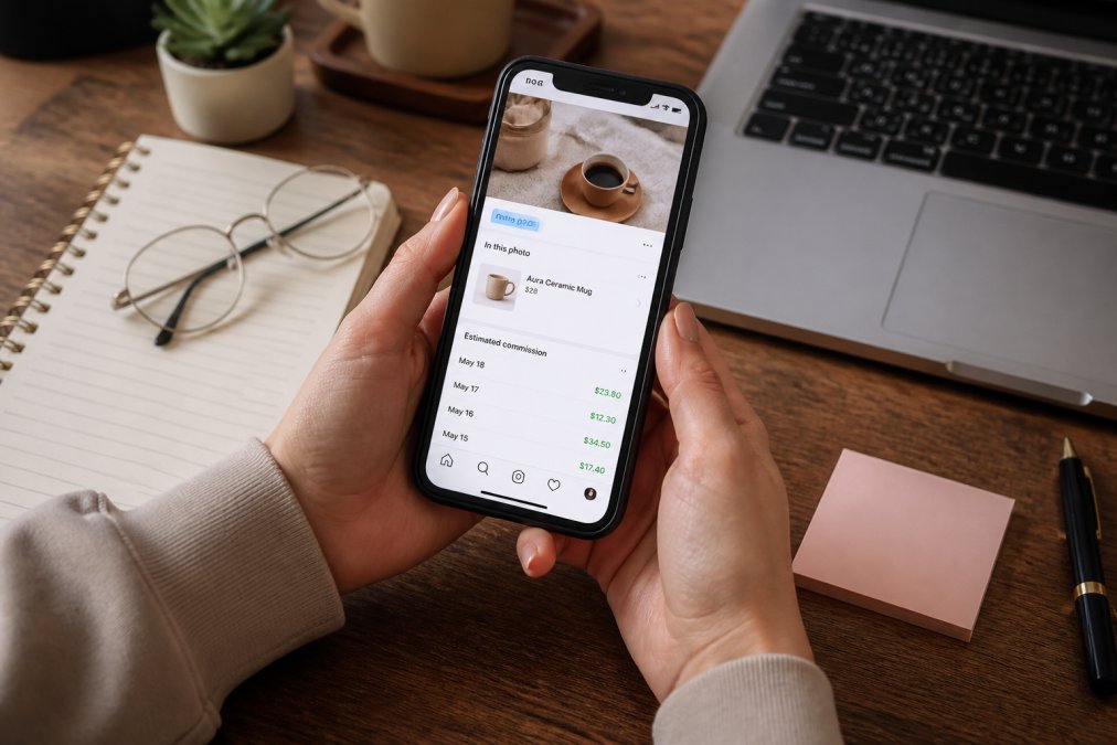 Close-up of hands holding a smartphone displaying Instagram with affiliate links and commission tracking visible on screen