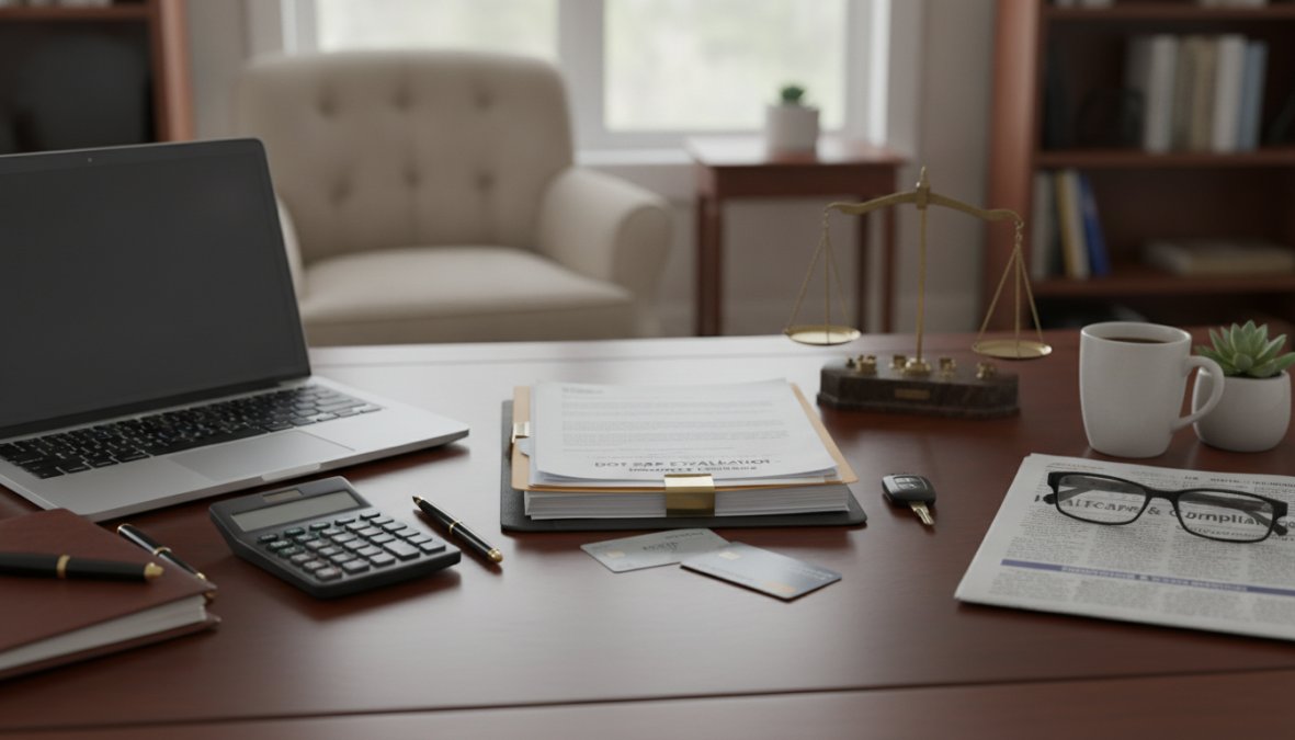 Professional reviewing financial documents and insurance paperwork at a desk with a laptop, calculator, and organized files in natural office lighting