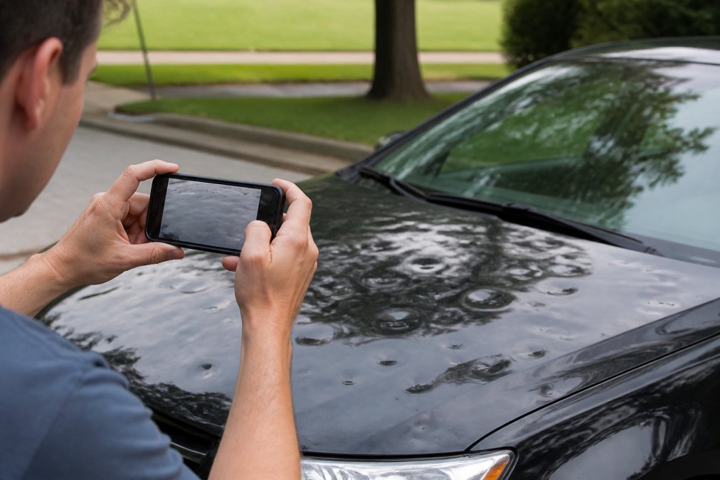 Vehicle owner photographing hail dents on car roof and hood with smartphone, documenting damage in daylight with clear visibility of multiple impact marks