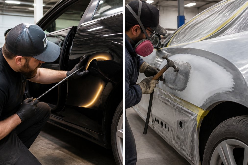 PDR technician using specialized metal rods and tools to carefully remove dent from vehicle panel from behind, with precision control and no paint damage