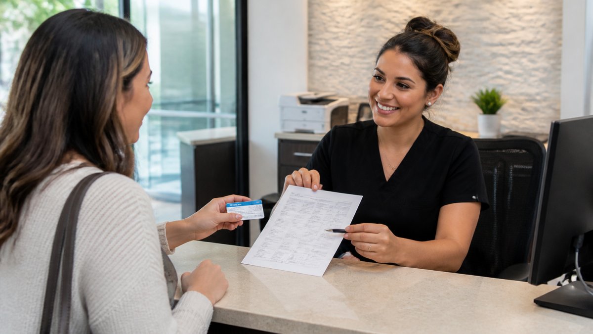 A patient in a bright eye clinic speaking with a staff member at a front desk, holding an insurance card and a printed benefits summary, with a computer screen visible in the background