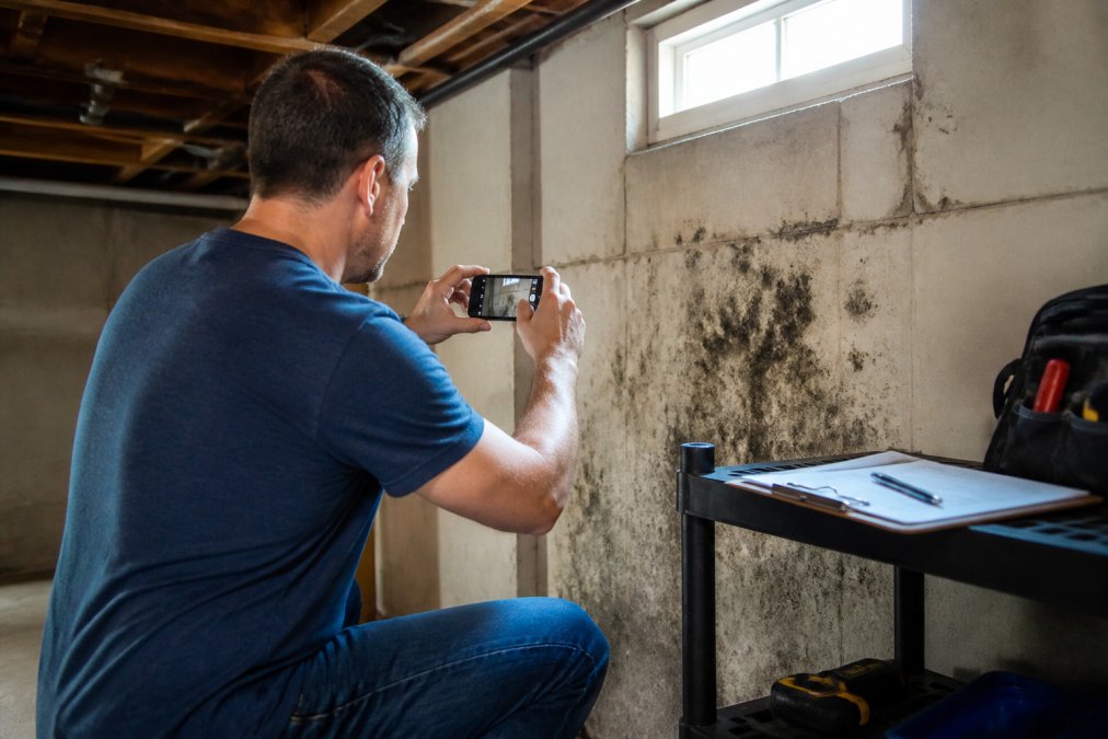 A homeowner in casual clothes taking smartphone photos of dark mold growth on a basement wall, a clipboard and pen on a nearby shelf, soft natural light from a small high window