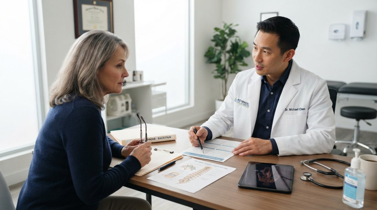 Healthcare provider consulting with a patient about non-surgical back pain treatment options in a modern clinic.