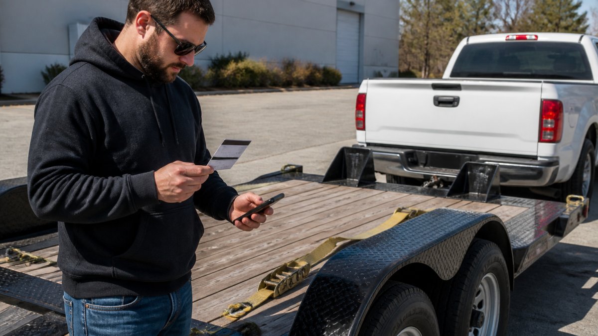 Person inspecting the straps and tires of rental car trailers before towing
