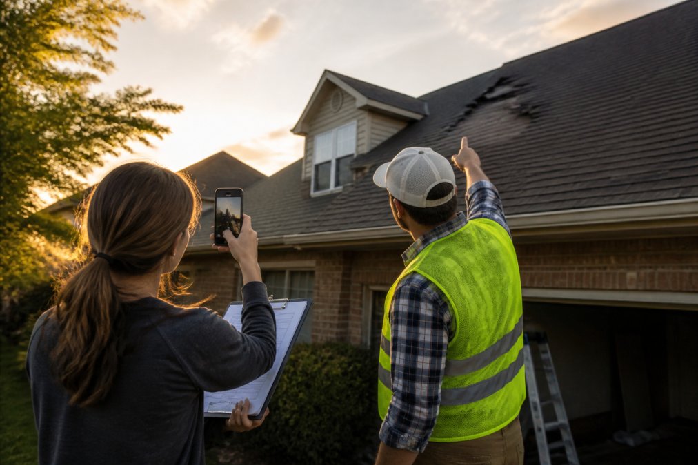 A homeowner standing in a driveway at golden hour with a clipboard and phone, photographing damaged shingles on a steep roof while a contractor in a work vest points toward the ridge line
