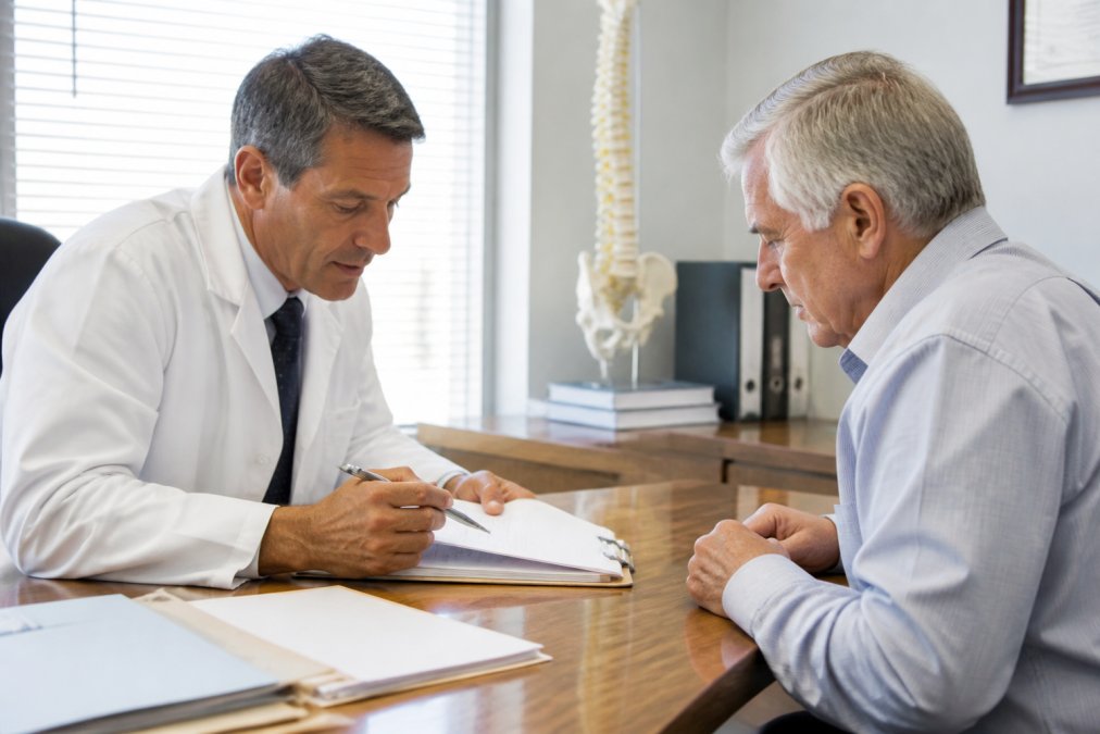 Patient consulting with healthcare provider at desk reviewing insurance documents and Medicare coverage information in bright clinical office