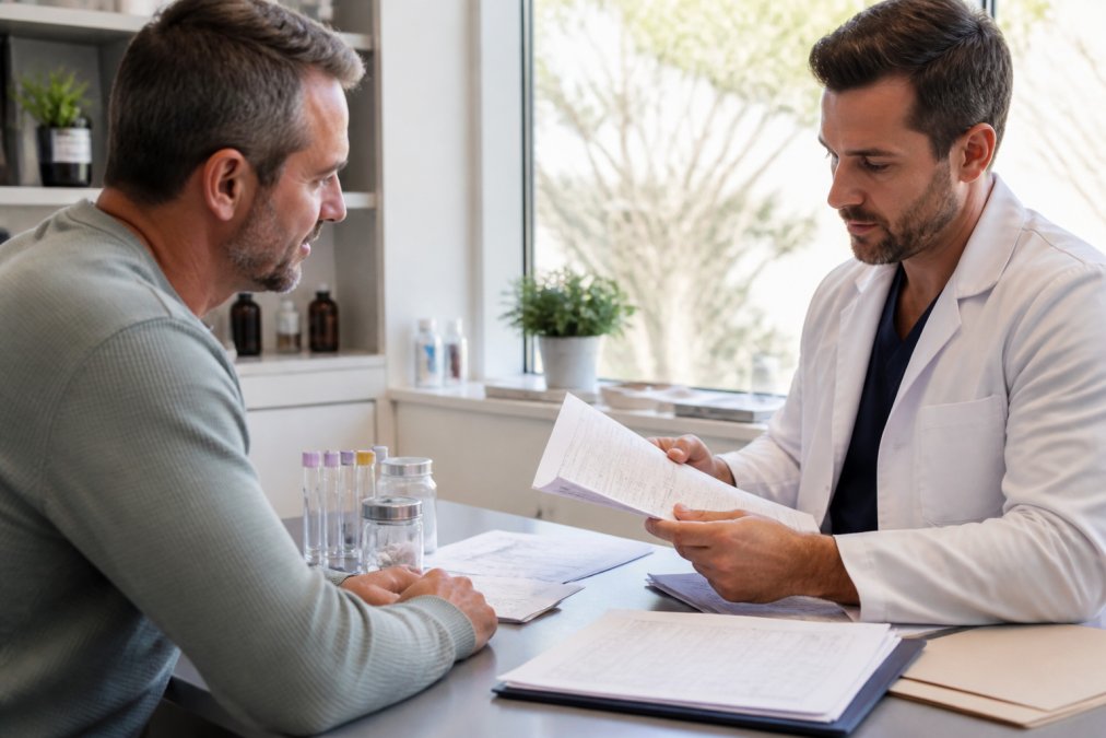 Professional healthcare provider reviewing medical documents and lab results with patient at desk in modern clinical setting with natural lighting