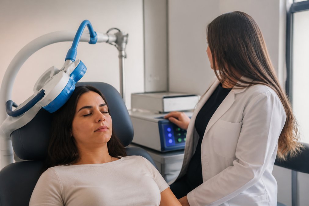 A patient reclining in a padded clinical chair with a TMS coil device positioned near their head, while a calm psychiatric provider in professional attire monitors the session on a screen in a modern, well-lit treatment room