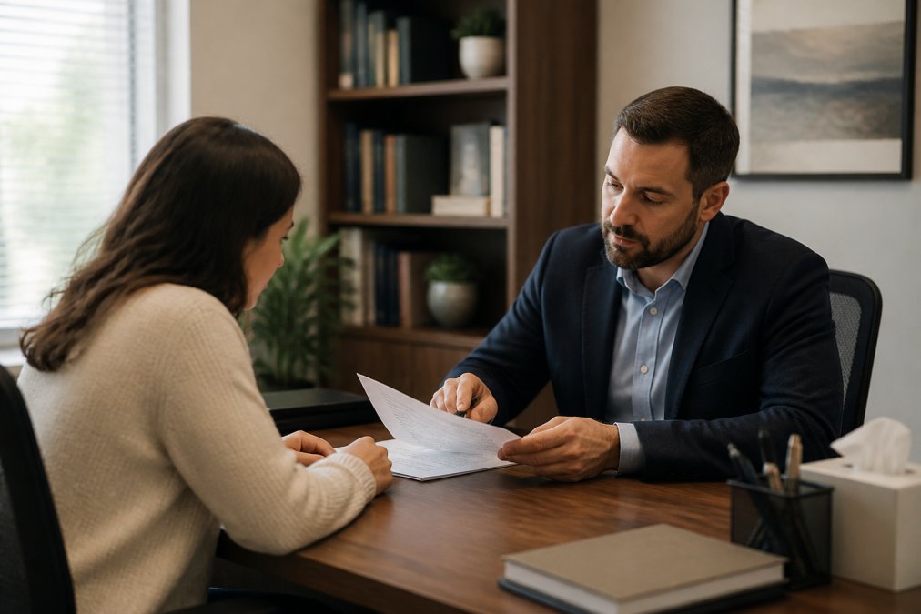 A psychiatrist and patient seated across from each other at a wooden desk, reviewing printed paperwork together in a warm, professionally decorated office with soft overhead lighting and bookshelves in the background