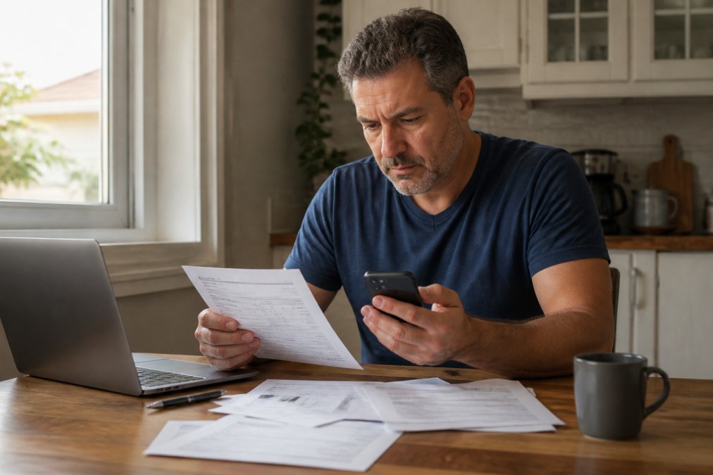 A man in his 50s sitting at a kitchen table reviewing medical paperwork with a laptop open and a phone in his hand, natural daylight from a nearby window