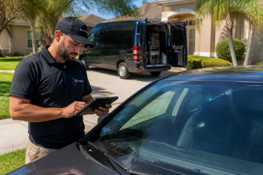 A technician in a branded uniform using a tablet to document a vehicle's windshield chip at a customer's home driveway, with a mobile service van in the background