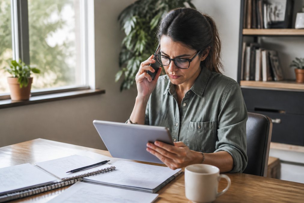 Person reviewing insurance documents on a tablet while holding their phone, sitting at a desk with a cup of coffee and natural daylight streaming through a window