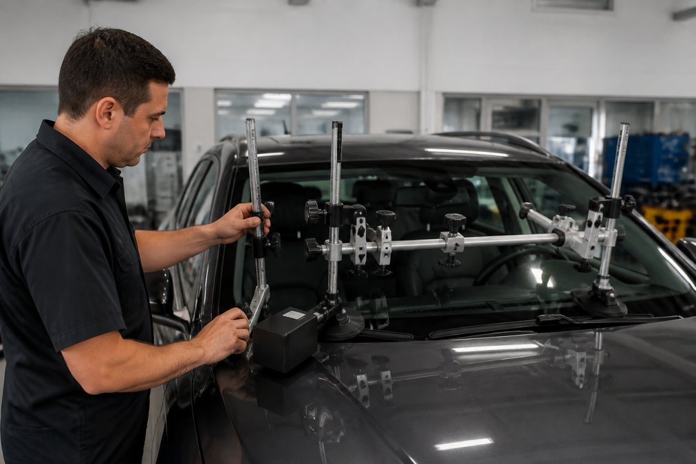 Technician using specialized ADAS calibration equipment and diagnostic tools on a vehicle's windshield area in a professional auto glass repair facility with diagnostic monitors visible