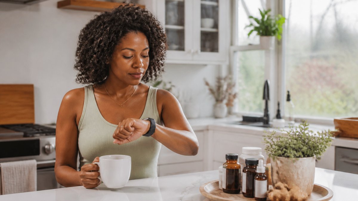 Person checking their watch during morning coffee in a bright kitchen, suggesting the start of an eating window or fasting period