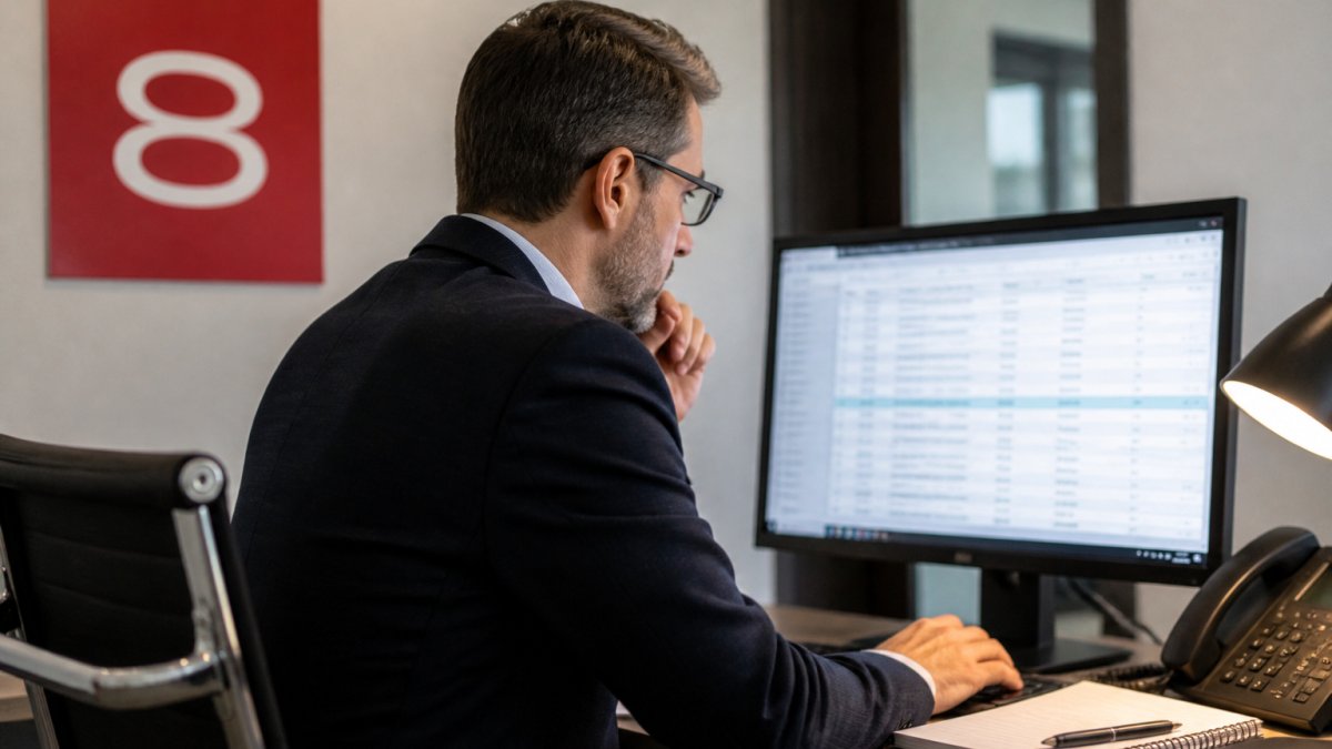Compliance officer reviewing access logs and authentication records on computer screen in secure office environment, showing focused attention to data governance