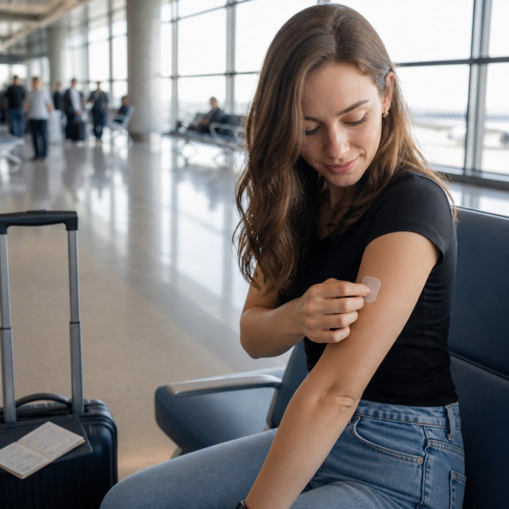 Traveler applying a discreet jet lag patch to their upper arm in a bright airport terminal near their luggage.