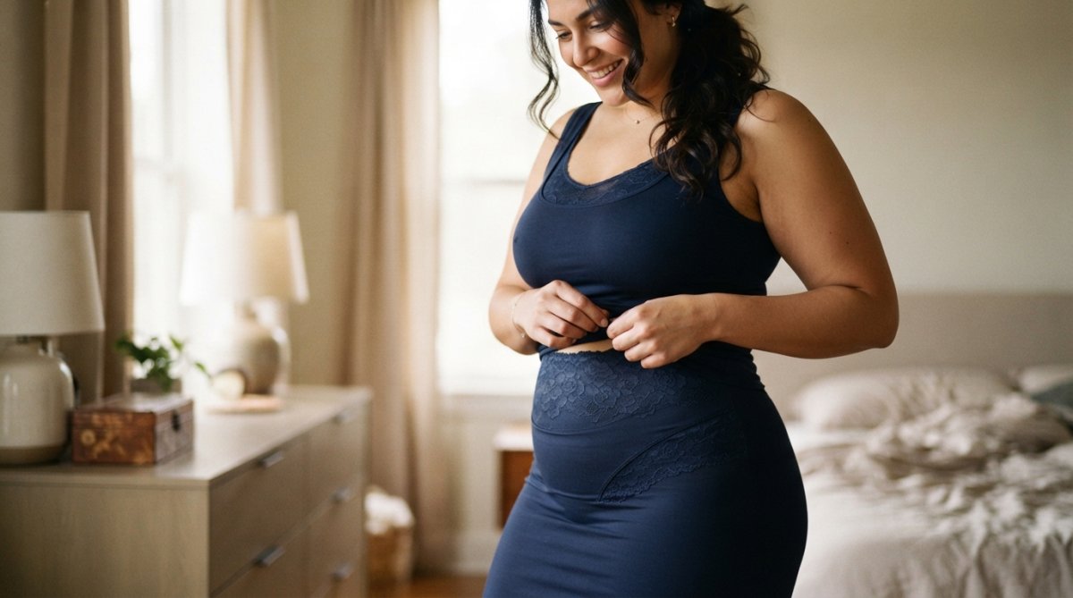 Close-up of a woman's torso wearing a fitted dress over lace shapewear, with soft natural lighting highlighting the smooth silhouette and subtle lace texture beneath the fabric