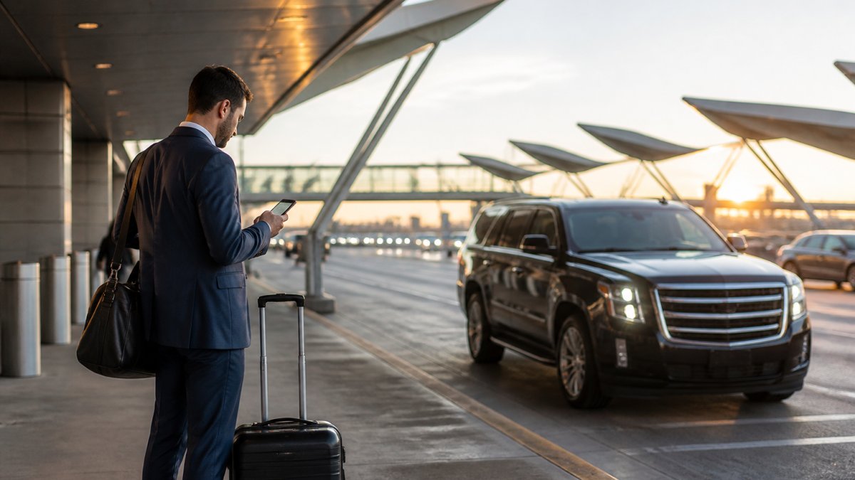 Traveler with luggage and a black SUV at an airport, answering does Las Cruces have an airport for arriving visitors.