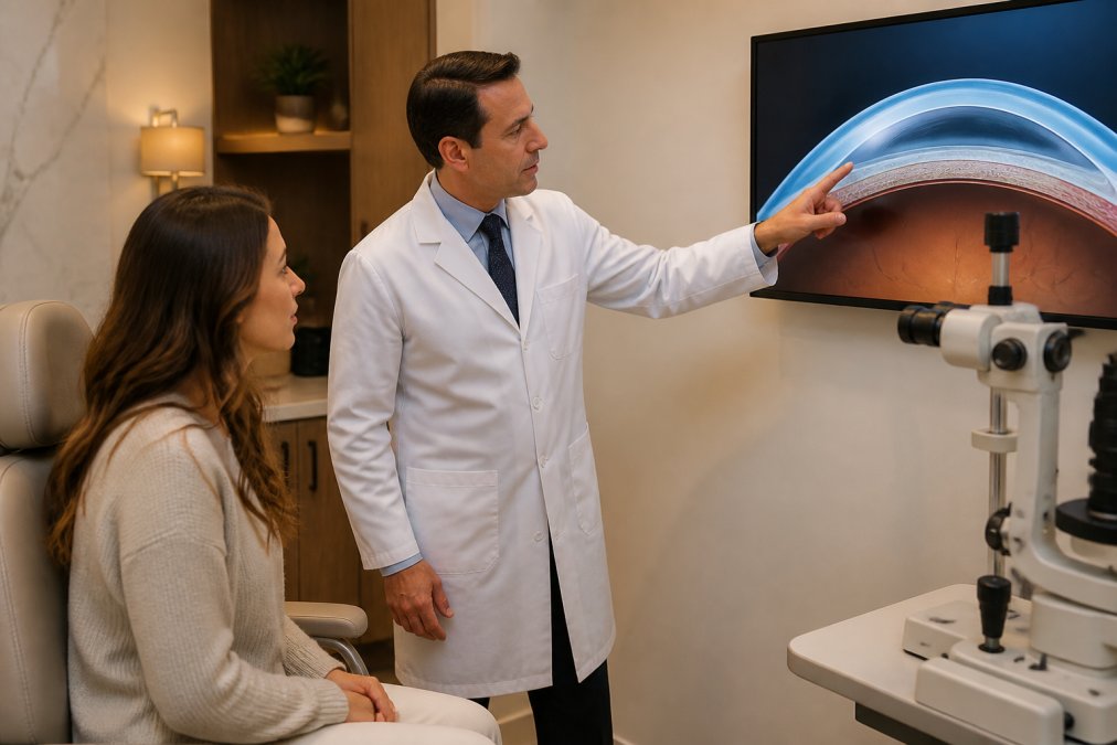 An eye doctor explaining a corneal cross-section diagram on a screen to a seated patient in a modern consultation room, warm overhead lighting, both looking toward the display