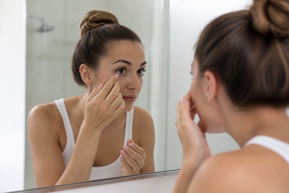 A person gently removing a contact lens from their eye while looking into a bright bathroom mirror, clean modern setting with soft natural light