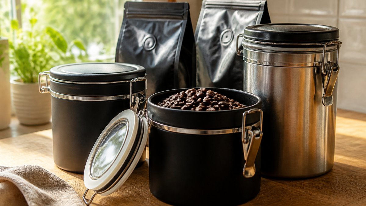 Opaque coffee storage containers and valve bags with roasted beans on a kitchen counter in morning light