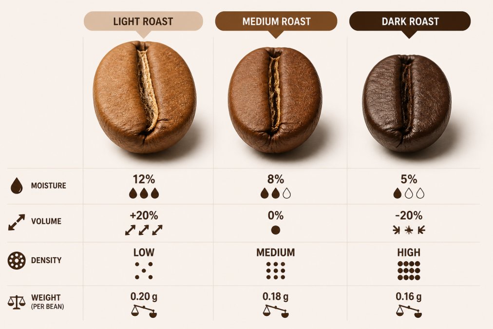 Close-up of three coffee beans at different roast levels, light, medium, and dark, arranged side by side on a white surface, showing visible differences in color, size, and texture from thermal expansion and moisture loss