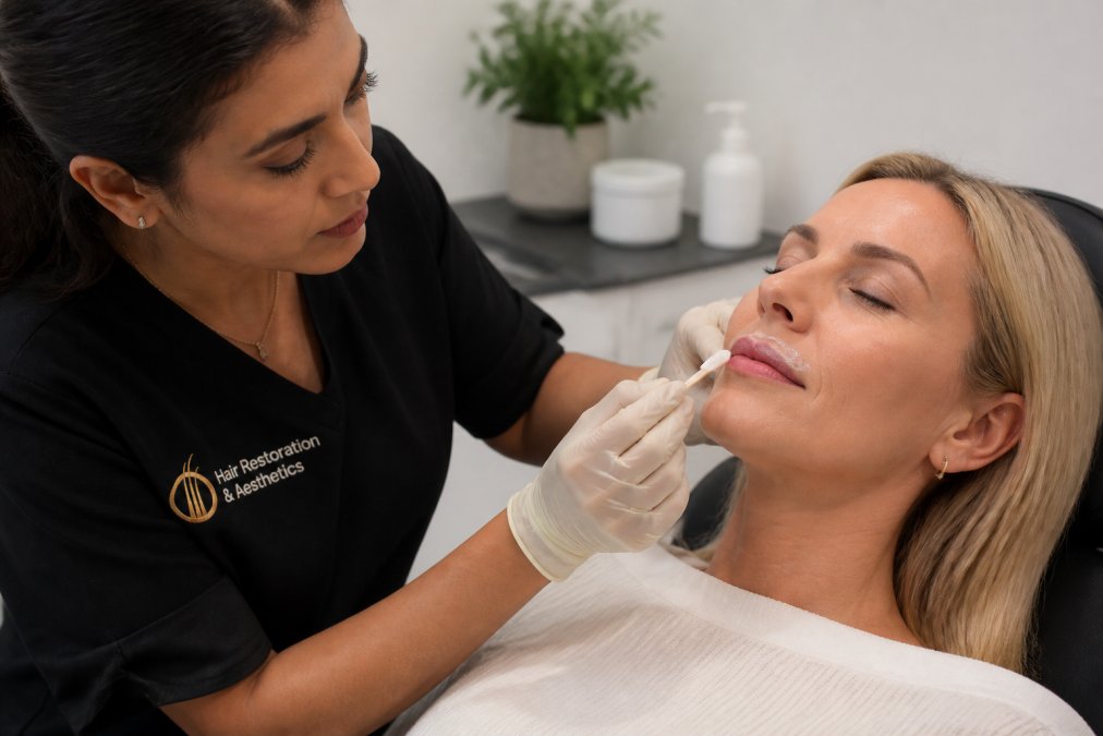 A medical professional in gloves applying numbing cream to a patient's lips with a small applicator in a bright, clean treatment room, calm and reassuring atmosphere