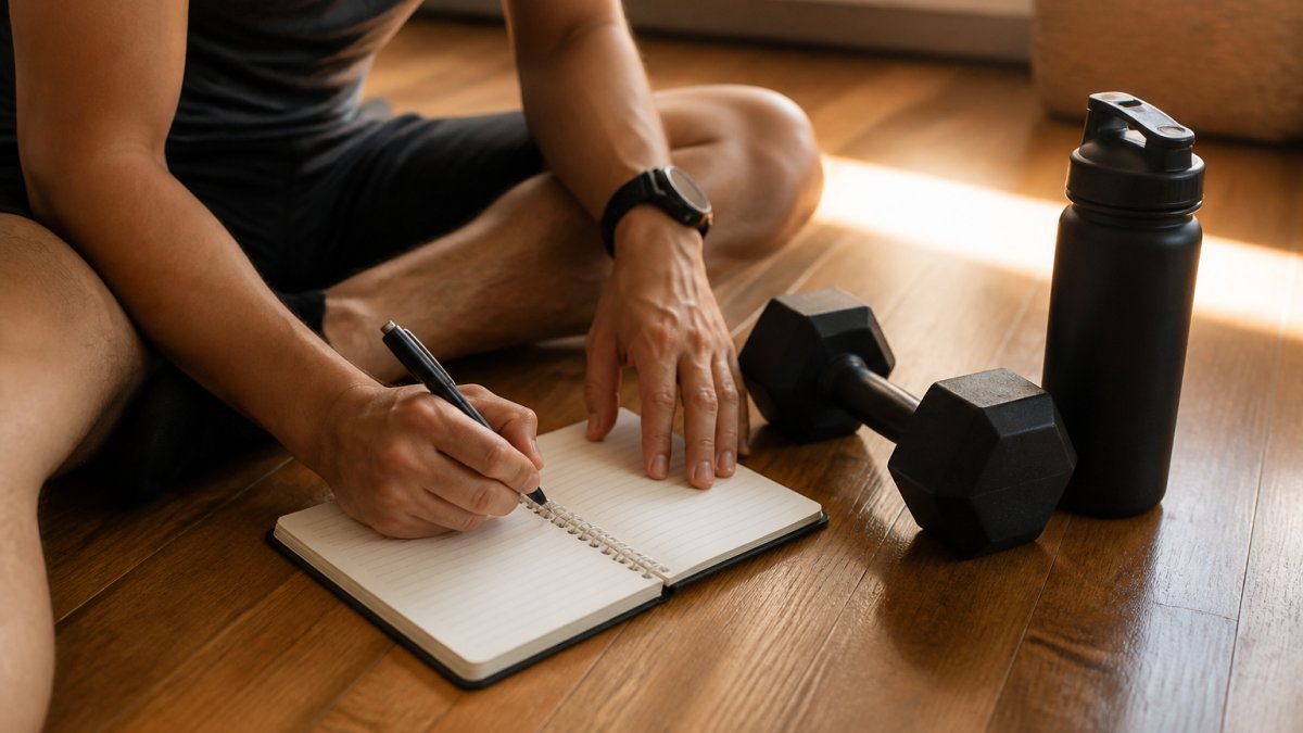 A beginner at home writing a simple workout log in a small notebook beside a dumbbell and water bottle on a wooden floor