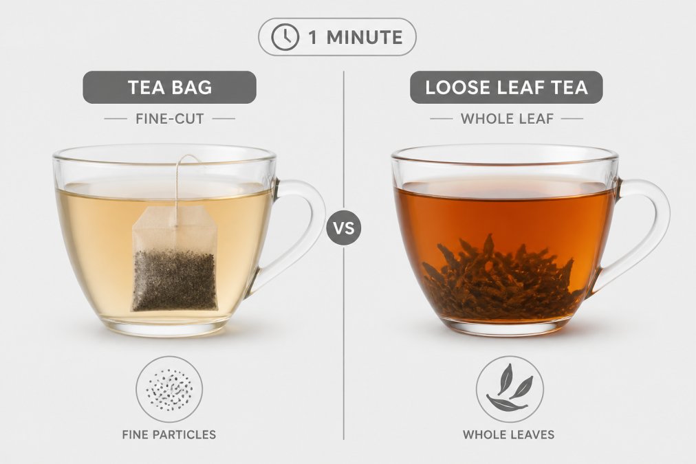 Comparison diagram showing the color difference between tea bags and loose leaf tea after one minute of steeping.