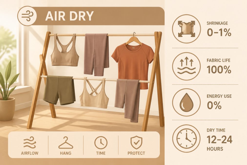 Colorful polyester and spandex activewear hanging on a wooden drying rack positioned near a window with natural light streaming in, showing the air-dry method in progress