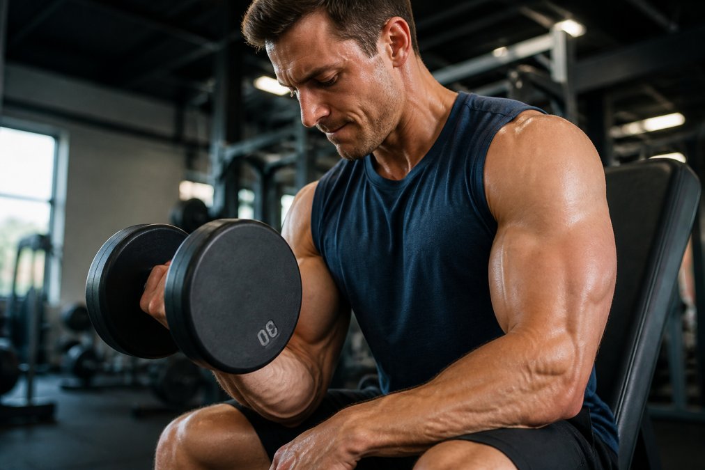 Close-up of athlete's arm muscles during a weighted bicep curl with visible muscle engagement and definition, natural gym lighting