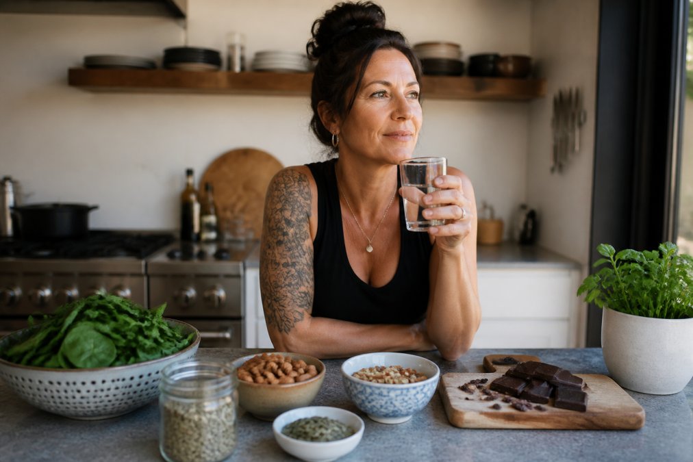 Woman in her 40s with magnesium-rich foods in her kitchen, showing how she does magnesium help with perimenopause fog