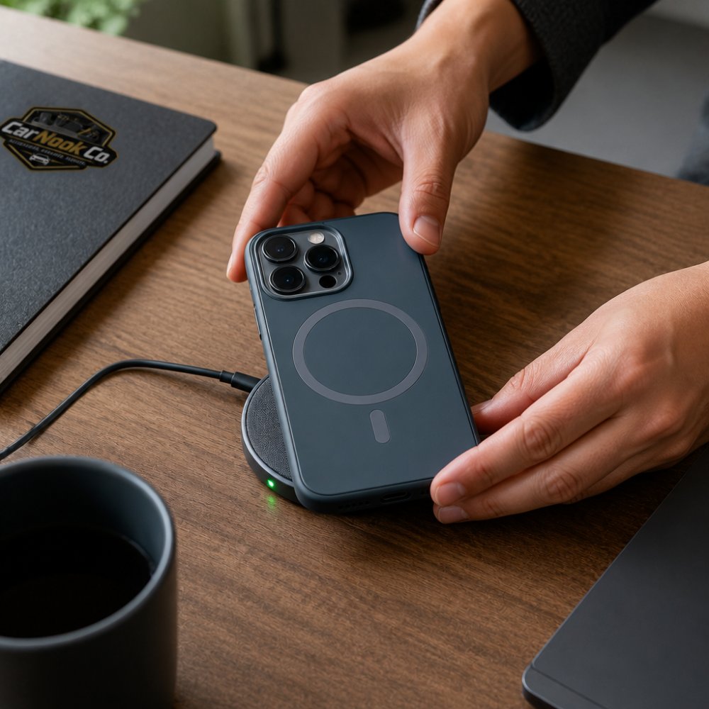 Close-up overhead shot of hands placing a phone in a slim MagSafe-compatible case onto a round magnetic charging pad on a wooden desk, with a small indicator light glowing