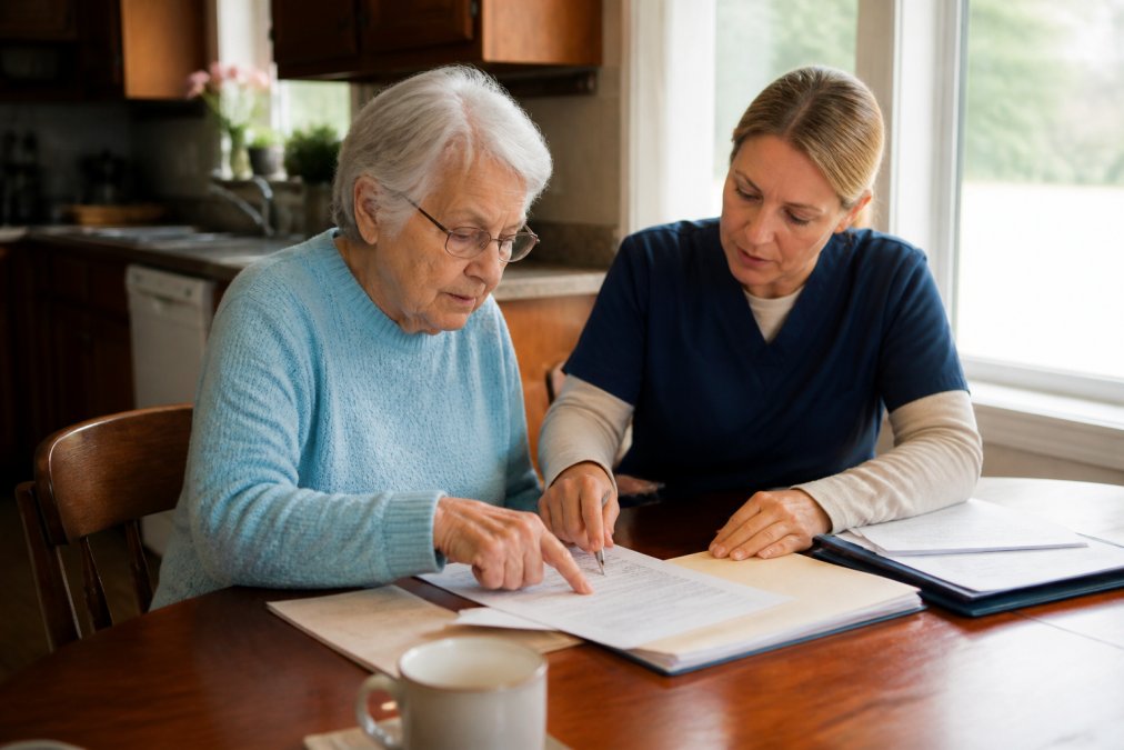 Older adult and home care professional reviewing care plan documents and paperwork together at a kitchen table, with hands pointing to specific sections, natural afternoon lighting from window