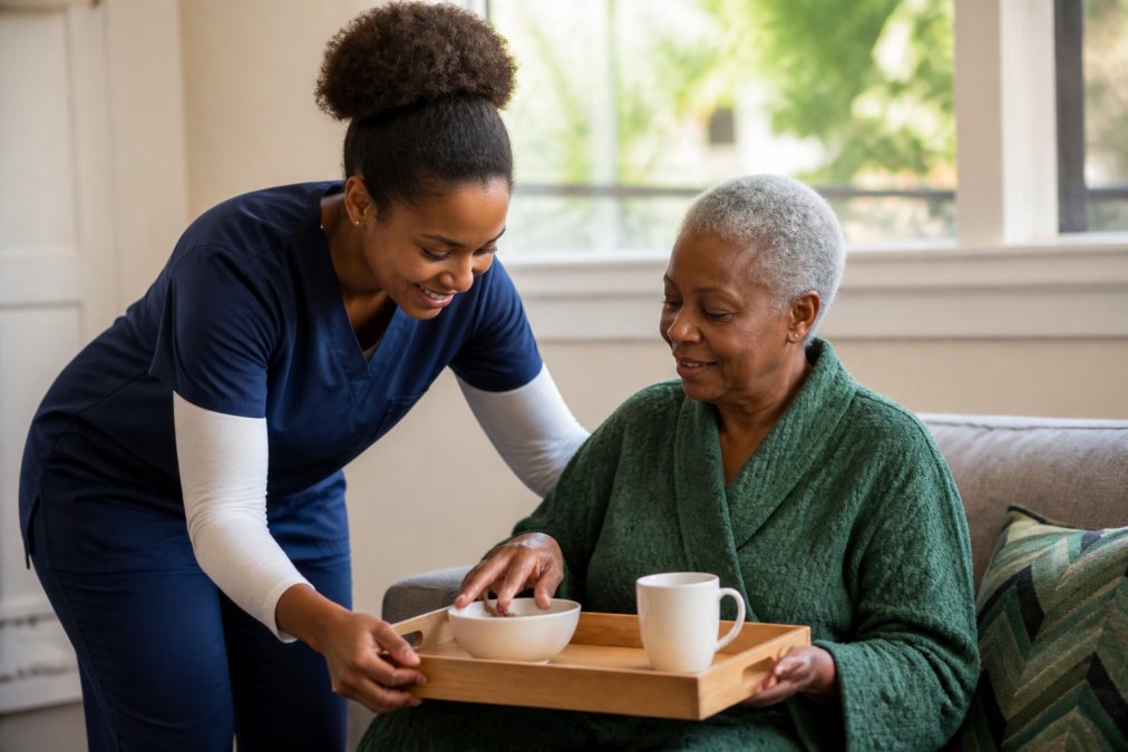 Compassionate caregiver assisting elderly person with daily activities in comfortable, well-lit home setting, demonstrating hands-on personal care support and dignity