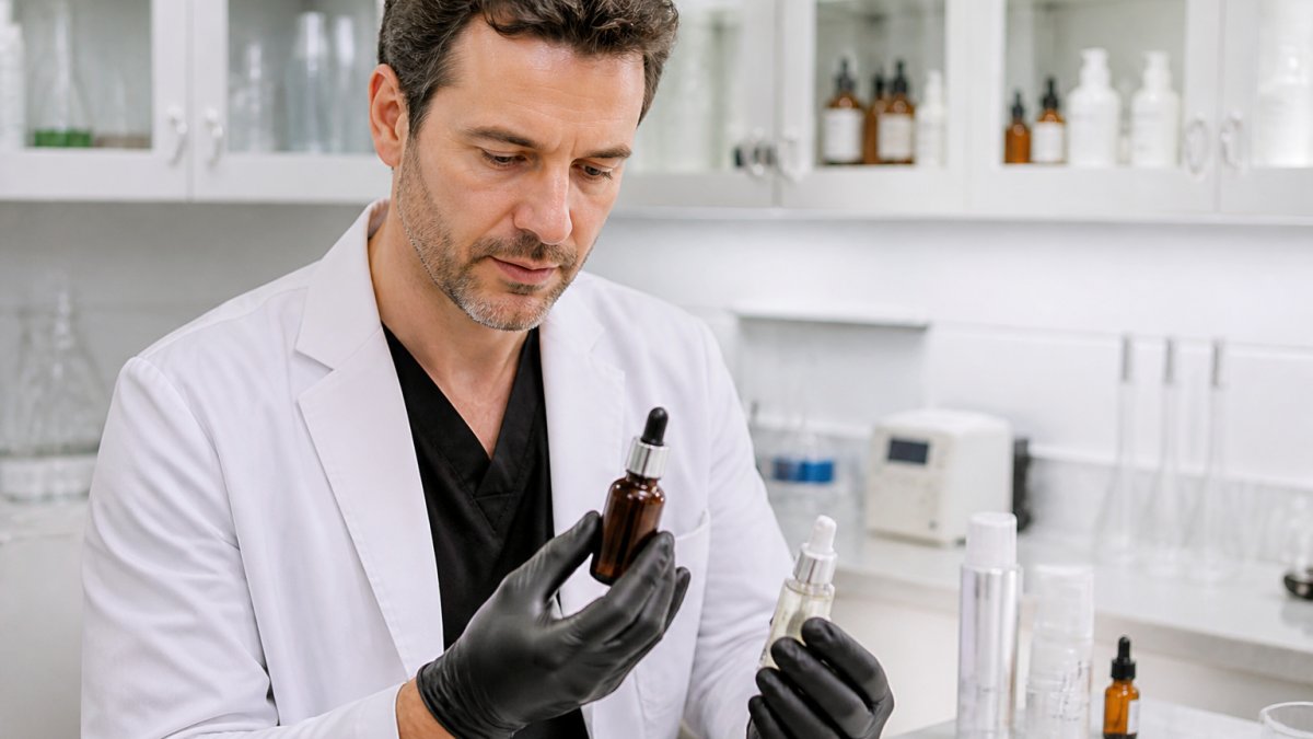 Professional demonstrating medical-grade skincare formulation with hands holding professional serum bottles and clinical laboratory setting in background, showing product quality and clinical preparation