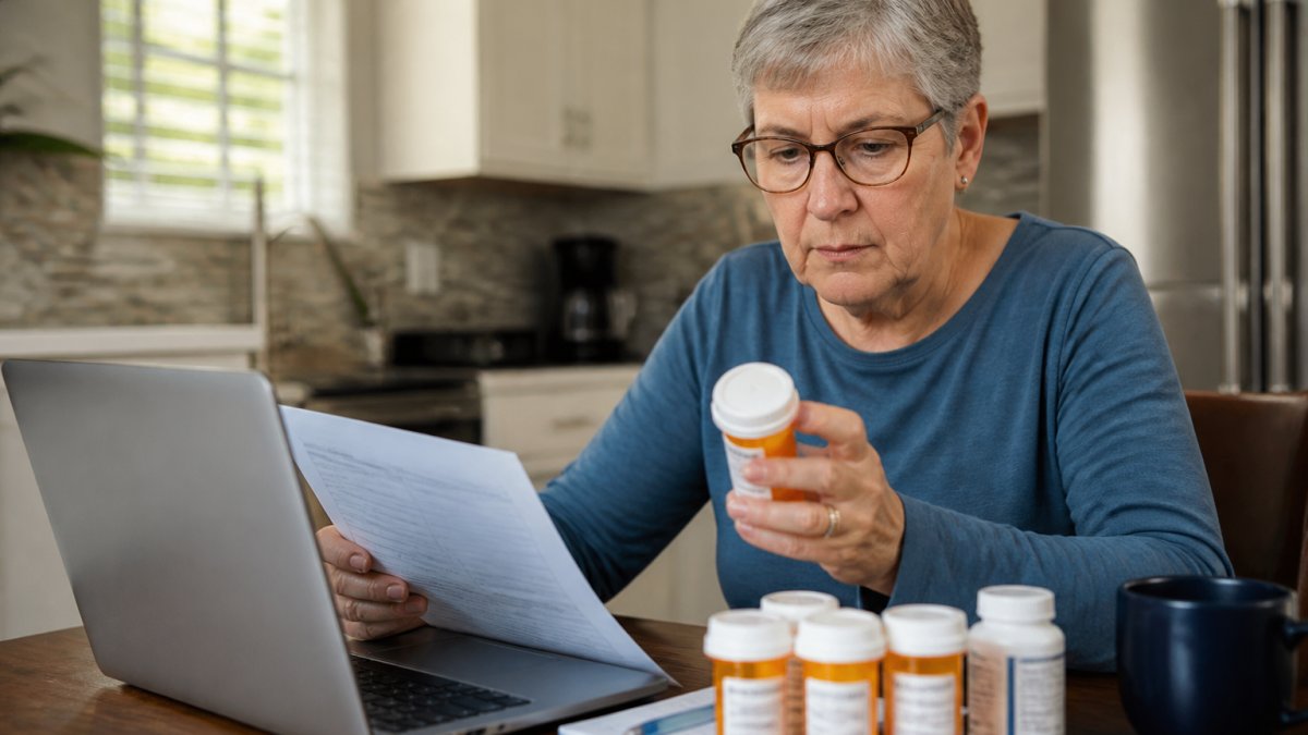 Senior adult reviewing prescription medication bottles and paperwork at a kitchen table with a laptop showing Medicare enrollment information