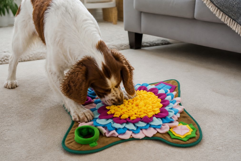 A curious dog actively engaging with an interactive puzzle toy, nose down and focused, paws working to slide pieces and find treats hidden in compartments