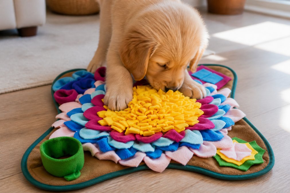 A young puppy concentrating intently on a puzzle feeder or treat-dispensing toy, paws working to solve the puzzle, with natural light illuminating their focused expression