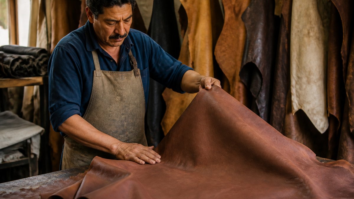 Artisan hands carefully inspecting and working with genuine leather hide in natural workshop lighting, examining grain texture and quality details
