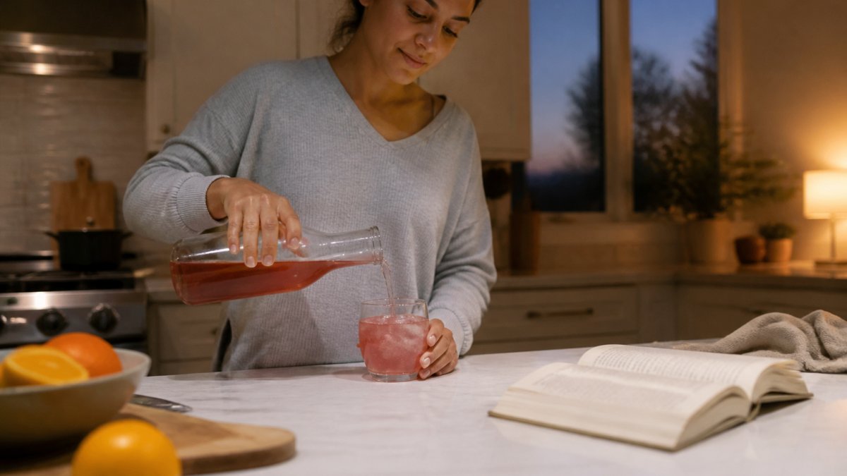 Person in comfortable clothing pouring a chilled botanical drink into a glass by soft lamplight at dusk