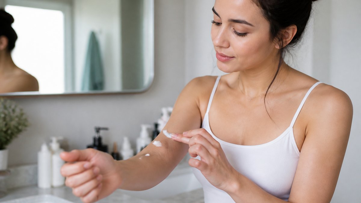 Woman applying a small dot of white mineral sunscreen to her inner forearm in a bright bathroom setting